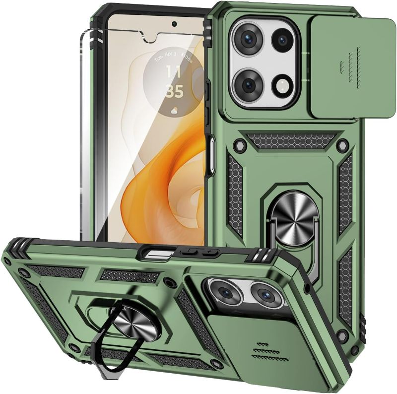 Photo 1 of for Moto G 5G 2025 Case with Slide Camera Cover HD Screen Protector [Military Grade 16ft. Drop Tested] Magnetic Ring Kickstand Protective Phone Case for Motorola Moto G 5G 2025, Olive Green