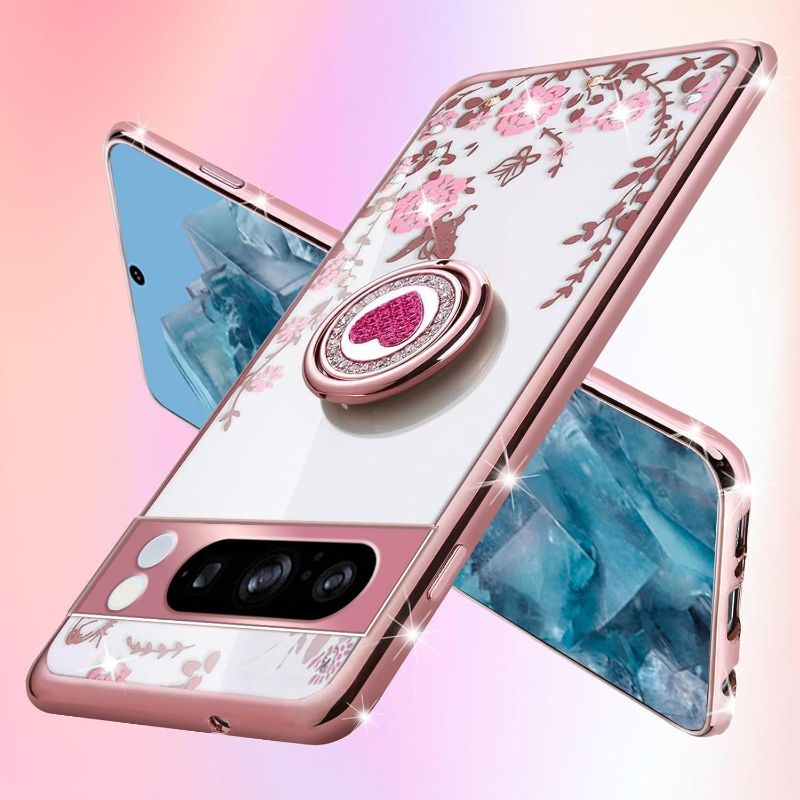 Photo 1 of for Samsung Galaxy S20 FE Case,S20 FE Case for Women, Glitter Crystal Butterfly Heart Floral Slim TPU Cute Girls Protective Cover with Ring Holder Stand+Strap Phone Cases Cover for S20 FE (Rose Gold)
