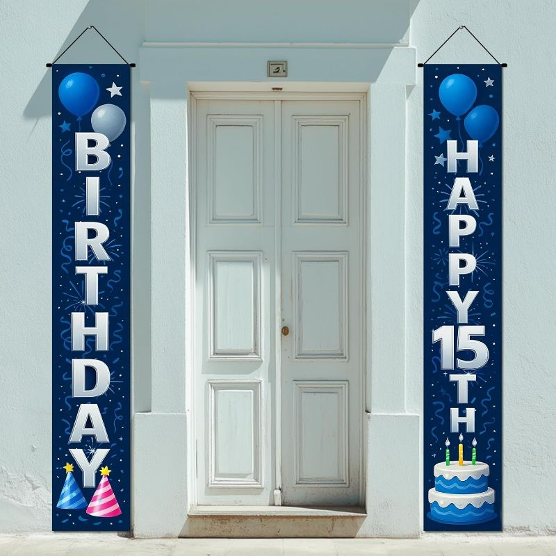Photo 1 of IVN 2 Pcs Blue Door Banner Decorations Happy 15th Birthday with Cake and Hat Graphics Porch Sign Celebration Supplies 71 x 12 Inches