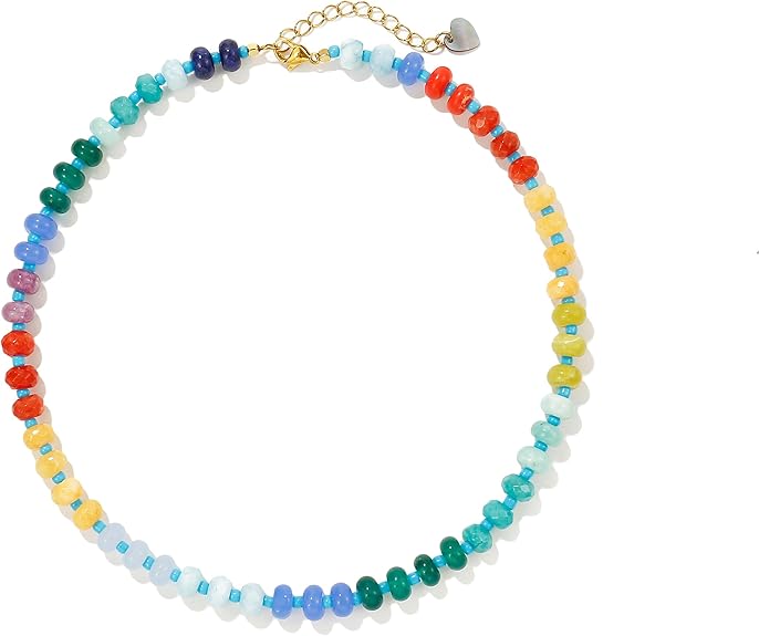 Photo 1 of Colorful Gemstone Beaded Necklaces For Women Trendy Rainbow Natural Stone Boho Handmade Stainless Steel Waterproof Strand Necklaces Jewelry For Women Gift