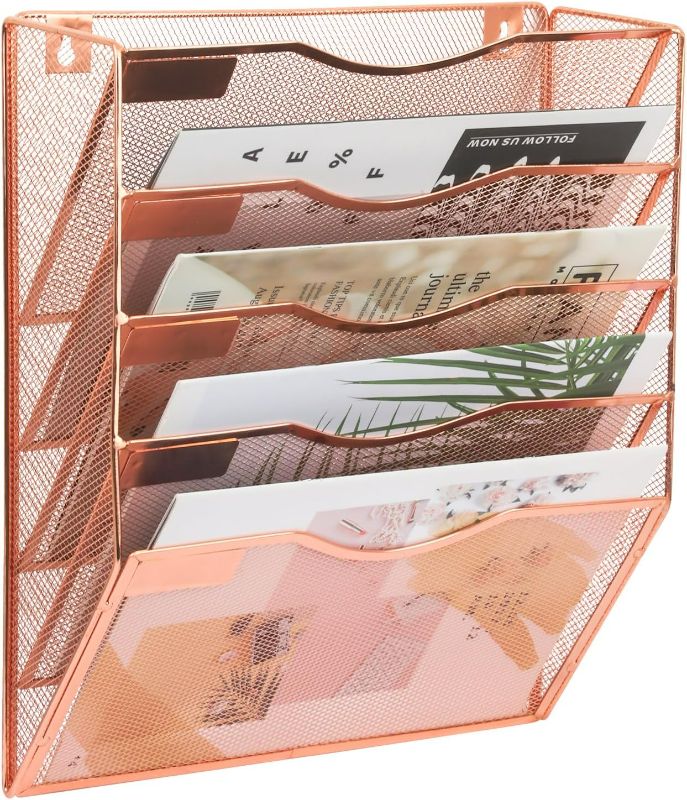 Photo 1 of EASEPRES 5 Pocket Mesh Hanging Wall File Organizer, Wall Mounted Mail Paper Document Folder Holder, Clipboard Storage Organization Magazine Rack with Nametag Label for Office Home School, Rose Gold