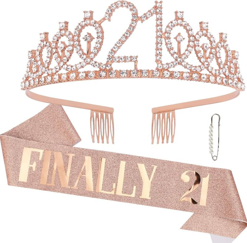Photo 1 of CAVETEE Rose Gold 21st Birthday Sash and Crown Set - Women's Birthday Queen Tiara and Sash
