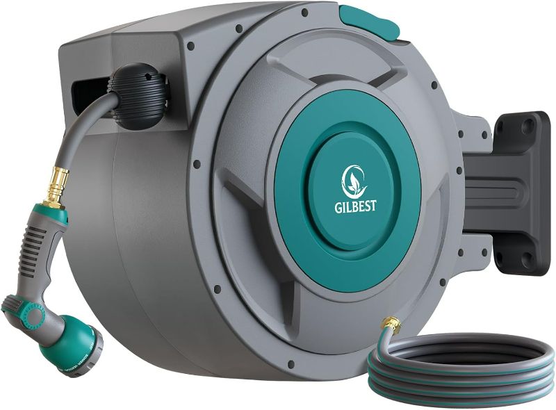Photo 1 of 100 ft x 5/8" Retractable Garden Hose Reel, Heavy Duty Water Hose Reel Wall Mounted, Any Length Lock, 180°Swivel, Water Hose with 10-Function Nozzle for Cleaning, Watering (Green)