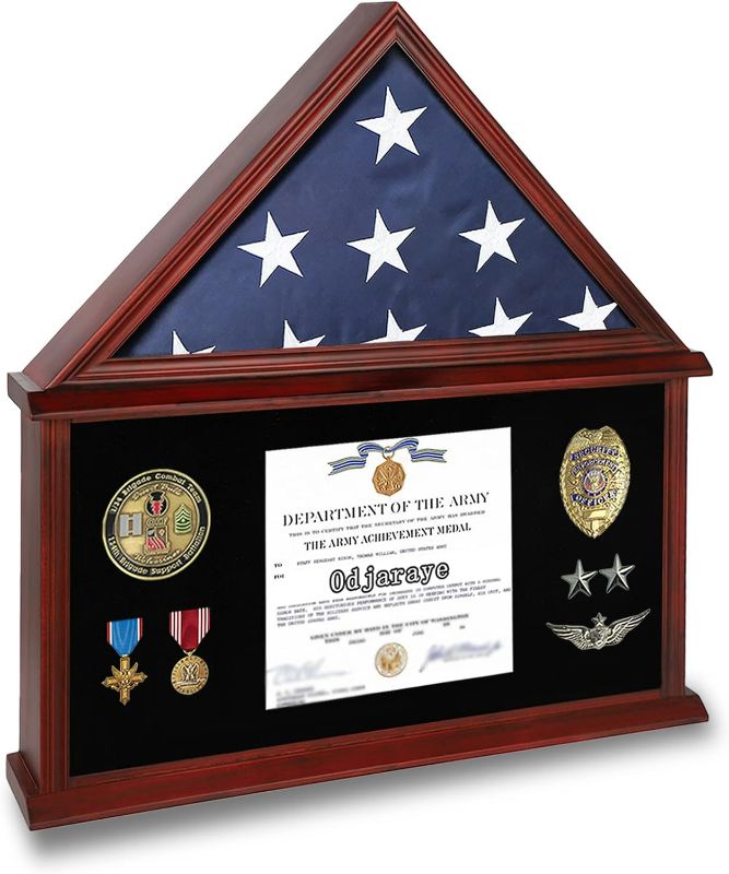 Photo 1 of American Veteran Mahogany Memorial Flag Case with HD Tempered Glass for 5' X 9.5' Folded Burial Flag, Certificate Holder