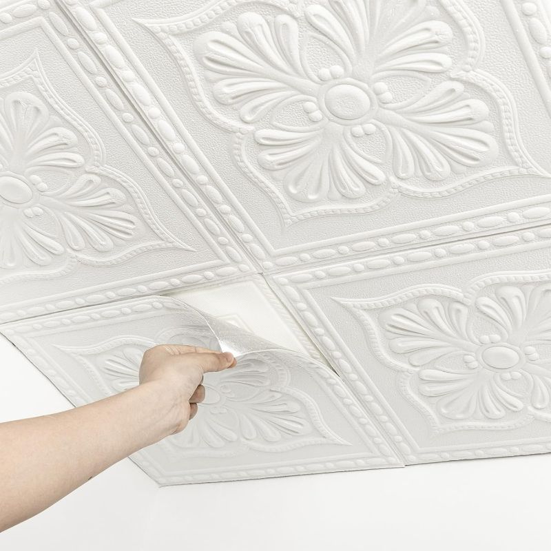 Photo 1 of Ceiling Tiles, Ceiling Tiles Peel and Stick Foam, 16 Pcs, Covered 21 Sq.Ft, 3D Wall Panels Peel and Stick, Easy to Install and Cut for Ceiling and Interior Wall Decor, Plain White?13.8 x 13.8 inch