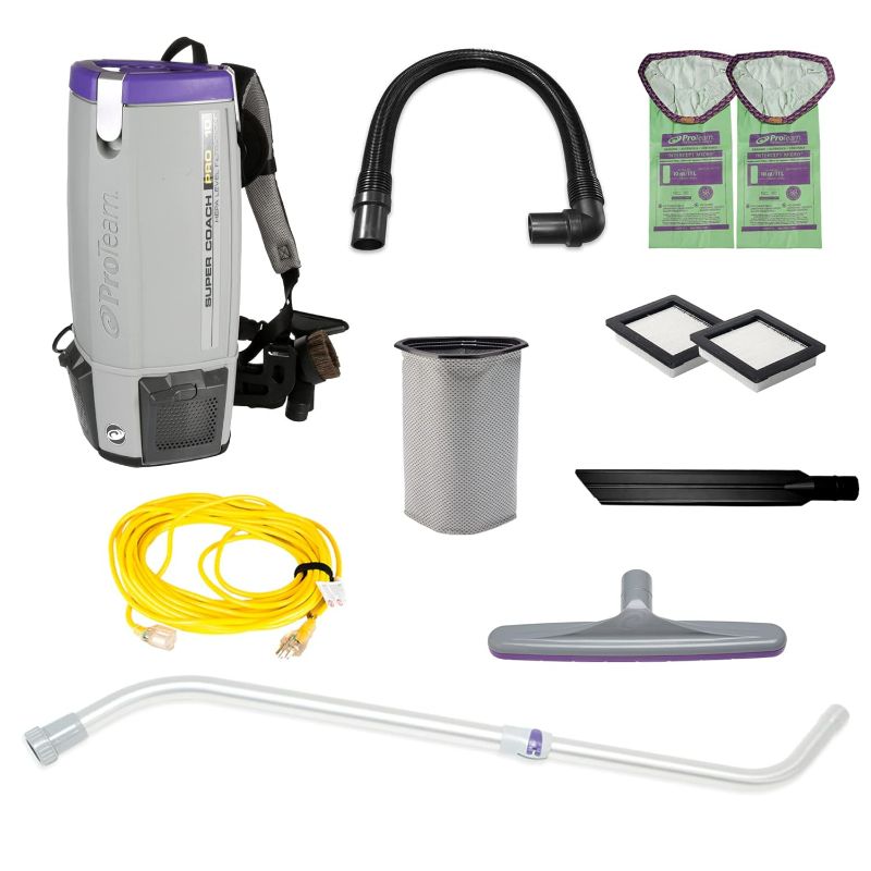 Photo 1 of ProTeam Super Coach Pro 10 Backpack Vacuum Commercial with Telescoping Wand Tool Kit, 10 Quart, Corded, 107303