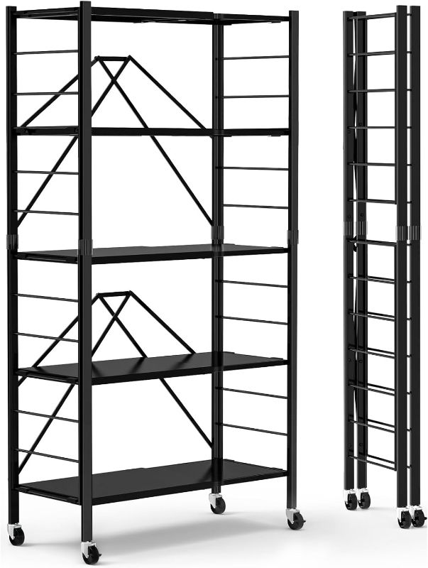 Photo 1 of 5 Tier Foldable Storage Shelves, Expandable Folding Shelving Units with Wheels, Changeable into 2 Shelf Units, Collapsible Adjustable Storage Rack Metal Shelves for Storage, Pantry, Garage, Kitchen
