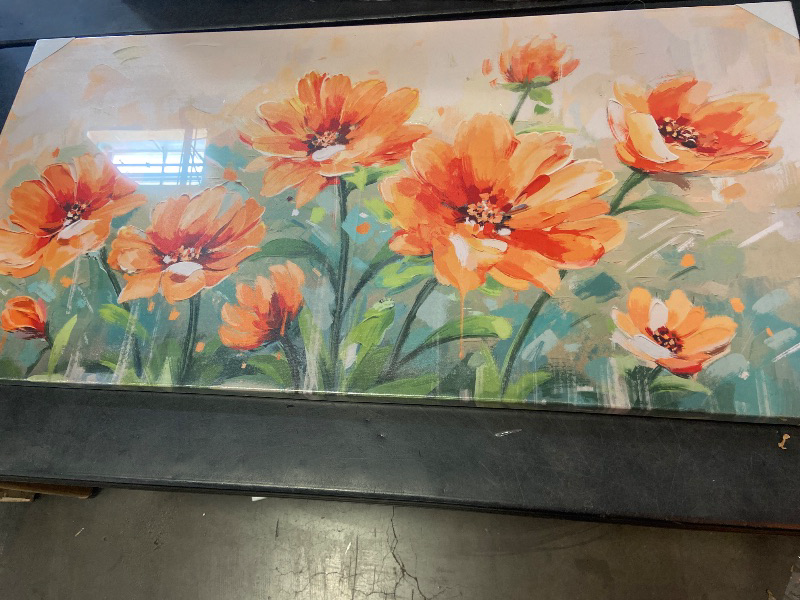 Photo 1 of Orange Flower Wall Art Burnt Orange and Green Wall Decor Larg Floral Painting Prints for Living Room Bedroom 24x48inches