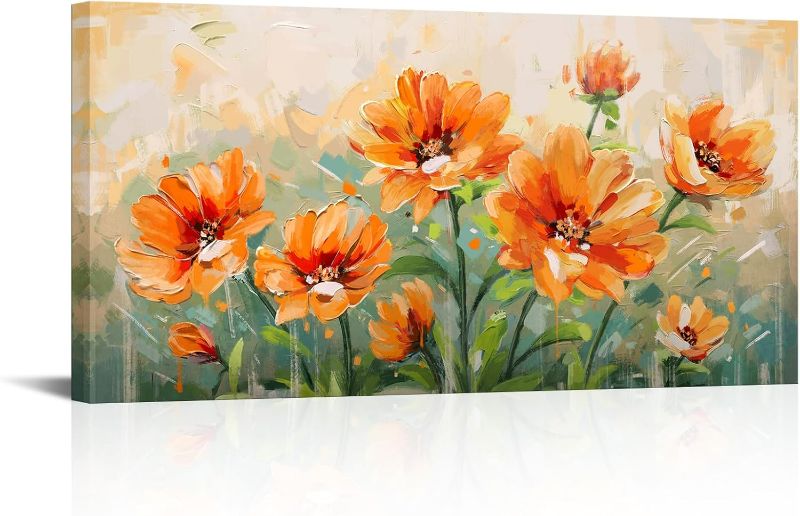 Photo 1 of Orange Flower Wall Art Burnt Orange and Green Wall Decor Larg Floral Painting Prints for Living Room Bedroom 24x48inches
