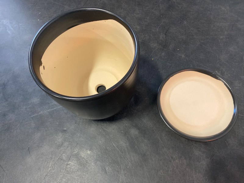 Photo 1 of Ceramic Planter 7 Inch - Cylinder Round Modern Indoor Plant Pot for Plants with Drainage Hole and Saucer, Room Home Patio Office Patio Decor, Black