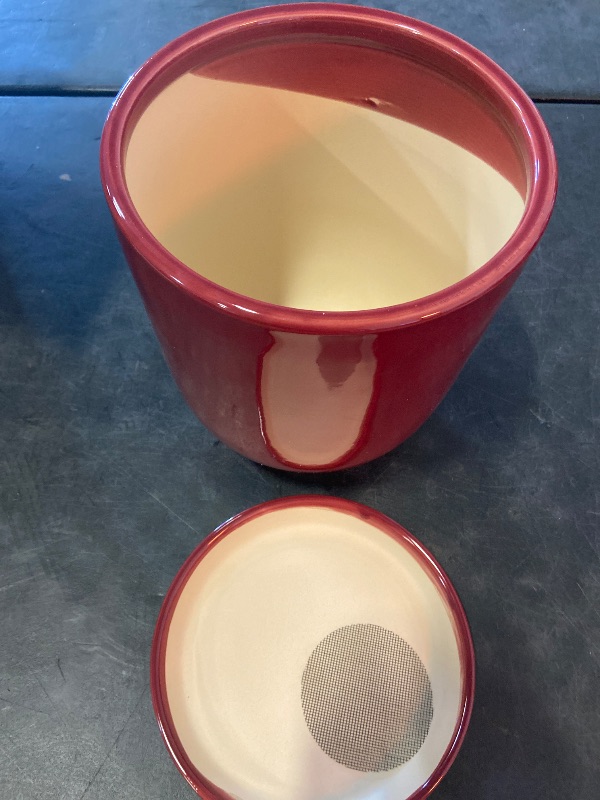 Photo 1 of Ceramic Planter for Plants - 10 Inch Plant Pot Indoor with Drainage Hole and Saucer Modern Large Outdoor Planter Flower Pot for Home Decor Red