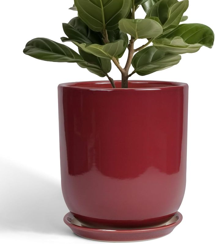 Photo 1 of Ceramic Planter for Plants - 10 Inch Plant Pot Indoor with Drainage Hole and Saucer Modern Large Outdoor Planter Flower Pot for Home Decor Red