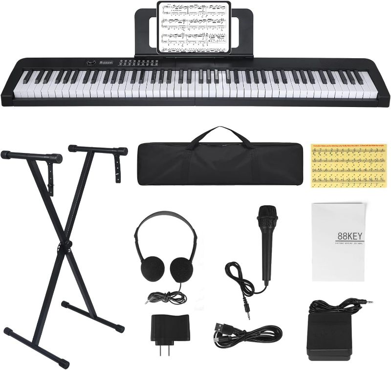 Photo 1 of 88 Key Piano Keyboard, Electric Digital Piano with Semi Weighted Keys, Keyboard Piano with Sustain Pedal, Power Supply, Stand, Carrying Case, Headphones, USB-MIDI Compatibility, for Beginner Adults