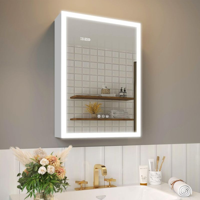 Photo 1 of 20×28 Inch Bathroom Medicine Cabinet with Lights, LED Medicine Cabinet with Mirror, Lighted Bathroom Mirror Cabinet with Storage, Digital Clock & Temp Display, Surface Mount