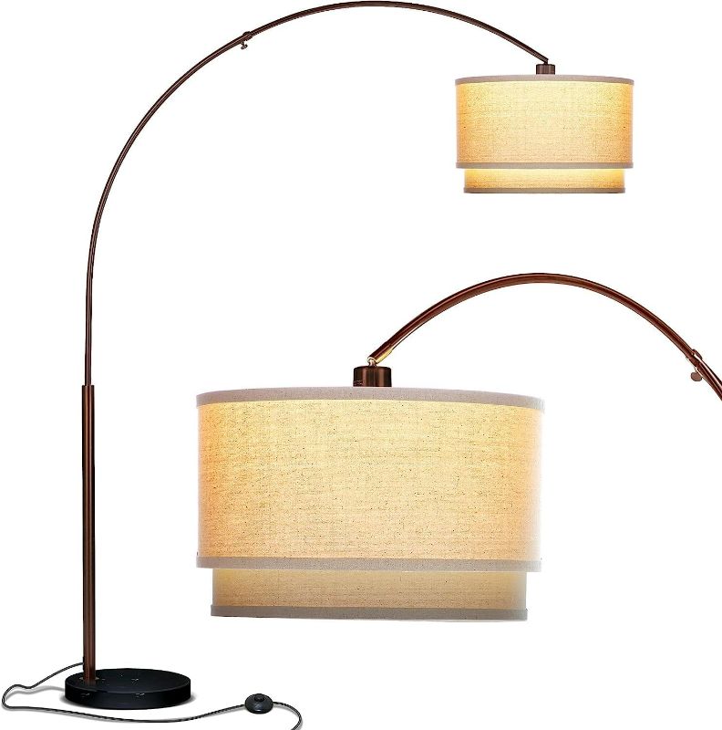 Photo 1 of Brightech Mason Arc Floor Lamp - Modern Corner Standing Lamp with Unique Hanging Drum Lamp Shade for Living Room - Bright Overhead, Curved Hanging Light for Bedroom. Library, Den - Bronze