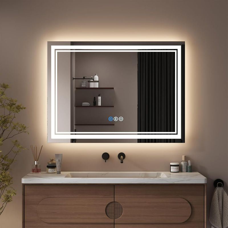 Photo 1 of Led Bathroom Mirror with Lights 28x36 Inch, Human Body Sensing Lighted Bathroom Vanity Mirror Wall, Memory Function, Anti-Fog, Dimmable 3 Colors, Front and Backlit Led Mirror for Bathroom