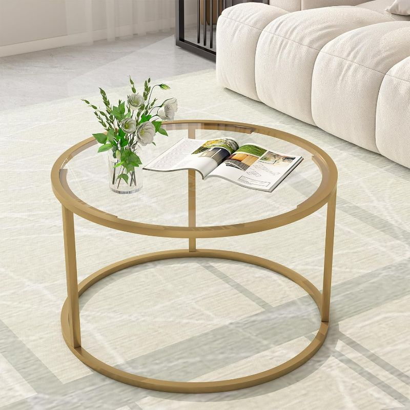Photo 1 of Glass Coffee Table,Round Gold Coffee Table for Small Space,27" Modern Center Table,Glass Top Clear Coffee Table with Sturdy Metal Frame for for Living Room Home Office, Easy Assembly