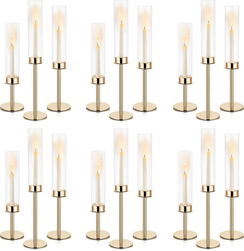 Photo 1 of Hurricane Candle Holders Metal Candlestick Holder for Glass Taper Tall Candle Holders with Crystal Chimney Tube Candles Stands for Home Decor, Christmas, Dinning (18, Gold)