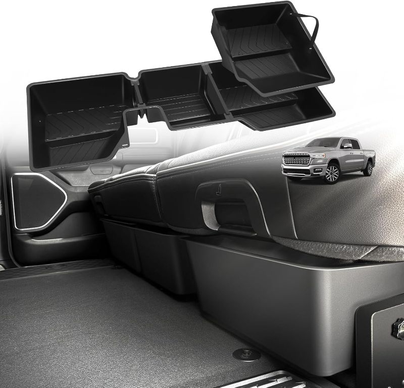 Photo 1 of Under Seat Storage Box for Dodge Ram 1500 2025 2019-2024 Crew Cab Accessories Custom Fit Detachable Rear Underseat Organizer (No for Classic and Trim w/o Factory Under-seat Storage)