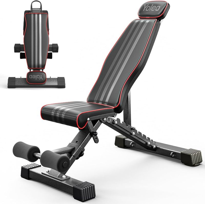 Photo 1 of Yoleo Adjustable Weight Bench, 660LB Foldable Workout Bench with Extended Head/Neck Protection/Spine Support for Bench Press, Fast Folding Incline Decline Flat Bench