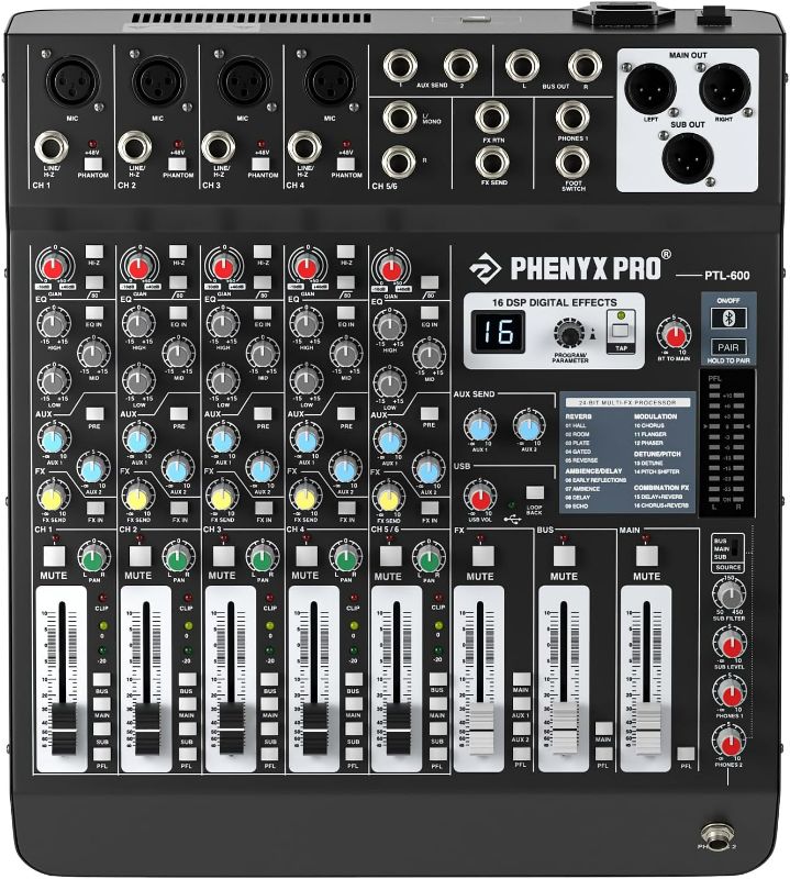 Photo 1 of 2 Pack Professional 6-Channel Audio Mixer, Phenyx Pro DJ Sound Mixer Board w/Flexible AUX, BUS, SUB Routing, 16 DSP, BT Streaming & USB-B PC Recording, Mixing Console for Stage, Home Studio (PTL-600)