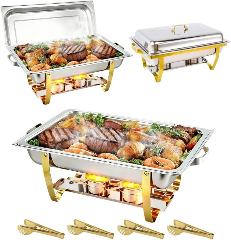 Photo 1 of Stelora Chafing Dishes for Buffet, 9 Qt High Grade Chafing Dish Buffet Set, Rolled-Edge Design Food Warmers for Parties, Buffet, Wedding, Birthday, Camping 4 Pack 4 Pans (Gold)