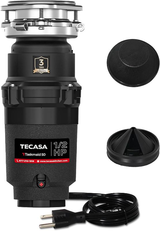 Photo 1 of 1/2 HP Garbage Disposal, TECASA Food Garbage Disposal with Power Cord, Stainless Steel Grinding System and 3-Bolt Mounting, Continuous Feed Compact Garbage Disposals, UL Certified, Taskmaid Series 50