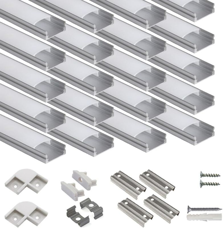 Photo 1 of hunhun 20-Pack 3.3ft/1Meter U Shape LED Aluminum Channel System with Milky Cover, End Caps and Mounting Clips, Aluminum Profile for LED Strip Light Installations, Very Easy Installation