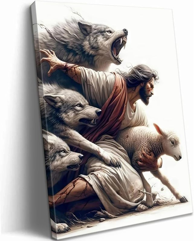 Photo 1 of MALEDO Jesus and Lamb Canvas Wall Art Jesus Saves the Lost Sheep Christian Picture Wall Decor Shepherd Protect a Lamb from Wolves Painting Poster Print Artwork for Living Room Bedroom Church Decor
