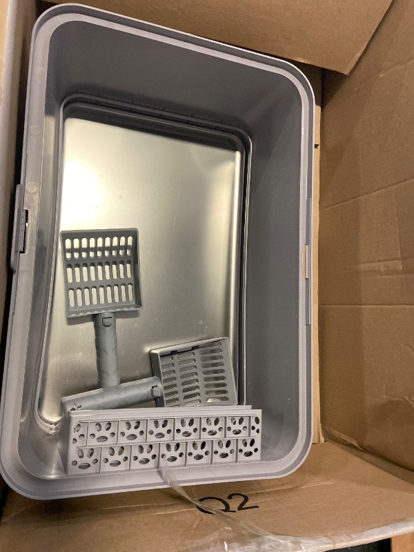 Photo 1 of Stainless Steel Cat Litter Box, Top Entry, Sided Kitty Litter Pan with Odor Blocking, Access for Scooping, Large Size for Big Cats, Includes Shovel and (Light Gray)