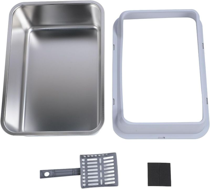 Photo 1 of Stainless Steel Cat Litter Box, Top Entry, Sided Kitty Litter Pan with Odor Blocking, Access for Scooping, Large Size for Big Cats, Includes Shovel and (Light Gray)