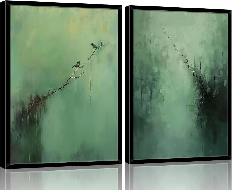 Photo 1 of Abstract Dark Green Canvas Wall Art Modern Texture Painting with Wood Frame Wabi Sabi Zen Poster Minimalist Birds Picture Print Living Room Bedroom Office Ready To Hang 12x16 Inch