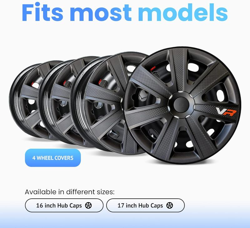 Photo 1 of Alpena VR Carbon Vehicle Wheel Covers, Premium European-Made Rim Covers with 3-Step Retention System, Durable Hub Caps Fits Most Steel Wheels, Set of 4, 16 inch, Black