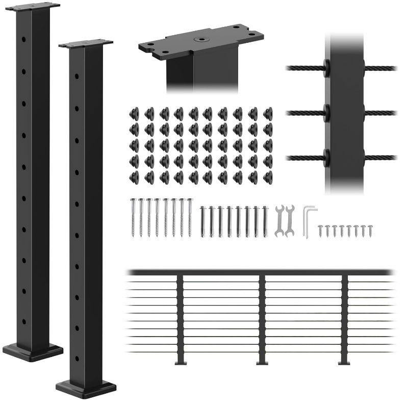 Photo 1 of 35"x2"x2" Stainless Steel Cable Railing Post 2 Pack, Black Top Mount Level Line Post with Grommets for Deck Railing Systems, Indoor & Outdoor Use, MY08-L