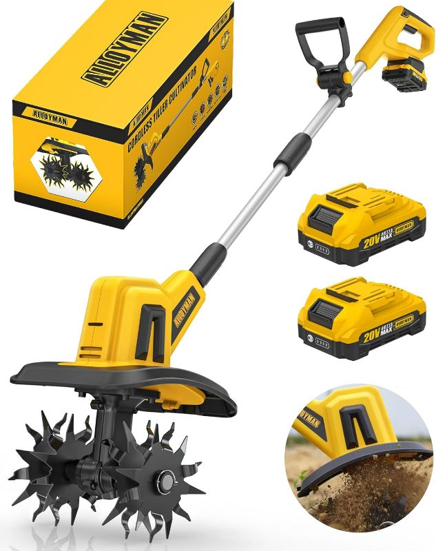 Photo 1 of Alloyman 20V Cordless Tiller Cultivator, 360RPM Electric Garden Tiller, with 2 * 2.0Ah Batteries & Charger, 9In Tilling Width and 6.6In Depth Garden Rototiller for Lawn/Gardening/Soil Cultivation