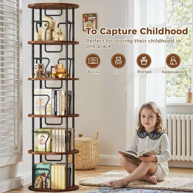Photo 1 of 5 Tier Rotating Bookshelf Tower, 360° Display Round Bookcase, Floor Standing Corner Revolving Bookshelf Organizer Storage Rack for Home Study Office, Small Spaces