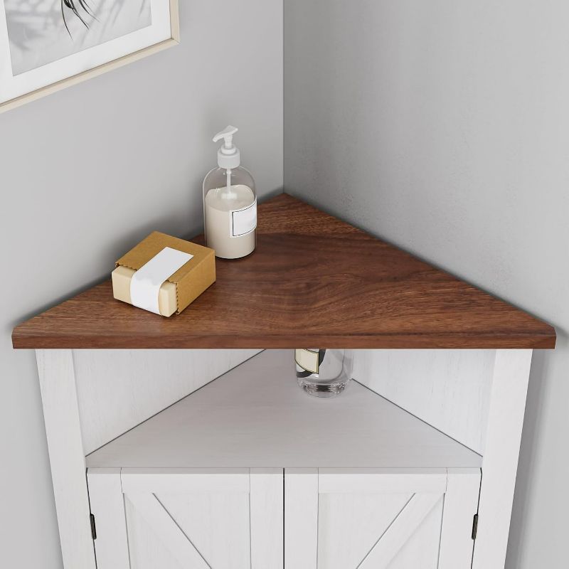 Photo 1 of Bathroom Corner Cabinet,Farmhouse Floor Corner Cabinet with Doors and Adjustable Shelves, Freestanding Wooden Storage Hutch Cupboard for Bathroom, Kitchen, Living Room, White