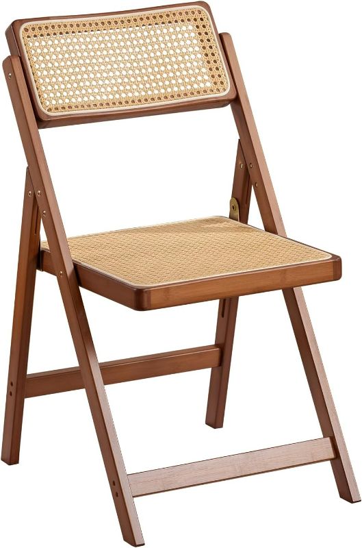 Photo 1 of Rattan Folding Chair, Modern Mid Century Dining Chairs Set of 1, Comfy Outdoor Bamboo Chairs for Bedroom Living Room Reading Room Dining Kitchen, Walnut