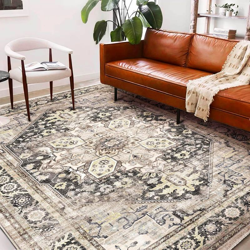 Photo 1 of Washable Area Rug 9'x12' Black-Purple Khaki Retro Flowers Boho Design Non-Shedding Easy Care Ideal for High Traffic Areas in Living Room Bedroom Office Coffee Table Kitchen Large Carpet