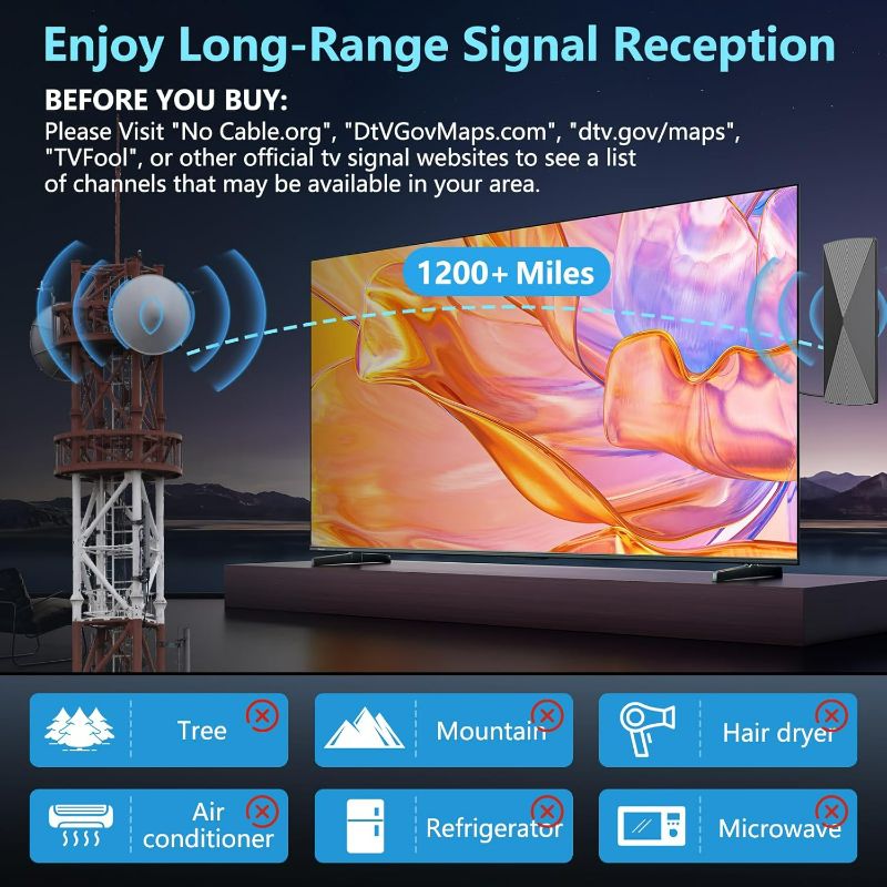 Photo 1 of 2025 TV Antenna,1200+ Miles Long Range TV Antenna, HD Digital TV Antenna Indoor with Signal Booster, Antenna for Smart TV and All Older TV's-Supports 4K 1080p -33ft Long Cables
