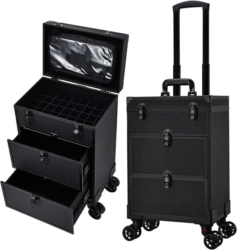 Photo 1 of Professional 3 in 1 Rolling Makeup Case Cosmetology Case on Wheels 2 Large Drawer Nail Case Trolley Traveling Cosmetic Train Case with Makeup Pouch for Artists Nail Technician Salon Cart Trunk Black