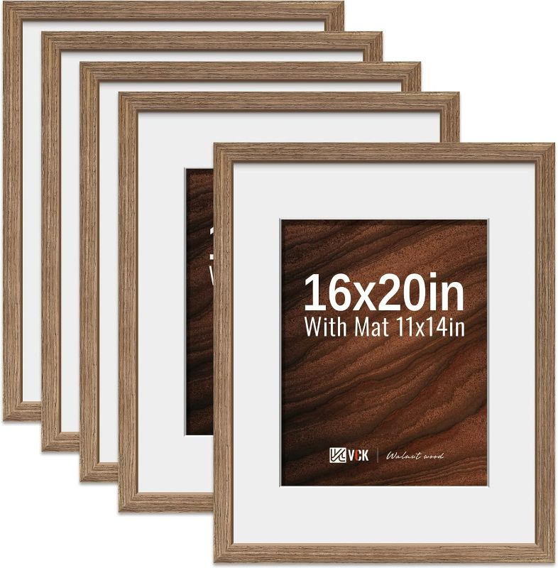 Photo 1 of VCK 16x20 Picture Frame 5 Pack - Walnut, High-End Wood Poster Frames with Tempered Glass, Display 11x14 Photo with Mat or 16x20 without Mat, Art Gallery-Quality, Wall Hanging, Walnut