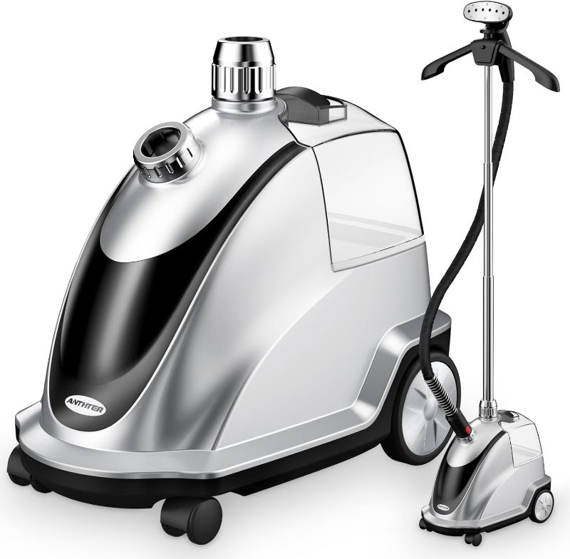 Photo 1 of Anthter Steamer for Clothes, 1500W Powerful Standing Garment Steamer with Roll Wheels, 2.4L Water Tank for 90 Mins Continuous Steaming, 35s Fast Heat-up (Silver)
