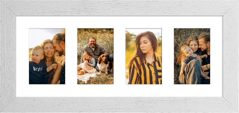Photo 1 of 8x20 Picture Frame Display 4 opening 4X6 Picture Frame Collage,Multi Photo Frame with Mat,Plexiglass,Wall or Tabletop Decor,Distressed White Wood Grain