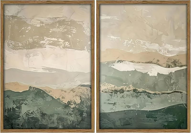 Photo 1 of Framed 2Pcs Vintage Abstract Wall Art Poster with Wood Frame Gray Green Earth Tone Landscape Canvas Prints Neutral Art Minimalist Modern Calming Decor for Living Room Bedroom Office16x24 Inches