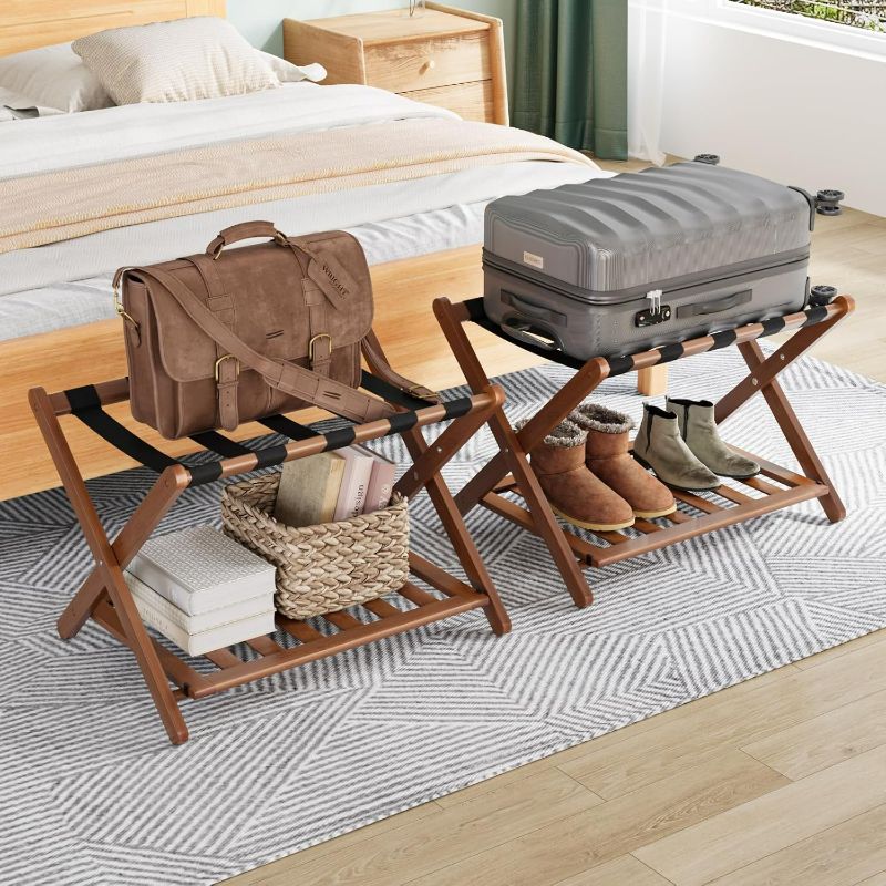 Photo 1 of Smuxee Fully Assembled Walnut Luggage Racks Pack of 2, Upgraded Bamboo Foldable Suitcase Stand with 5 Nylon Straps, Luggage Holder with Shelf for Guest Room Bedroom Hotel