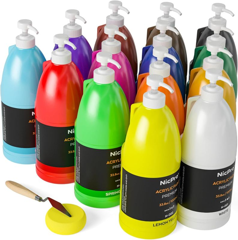 Photo 1 of Nicpro 14 Colors Large Bulk Acrylic Paint Set (33.8 oz, 1000 ml) Rich Art Painting Supplies, Non Toxic for Multi Surface Canvas Wood Leather Fabric Stone Craft, for Kid & Adult with Pump, Color Wheel