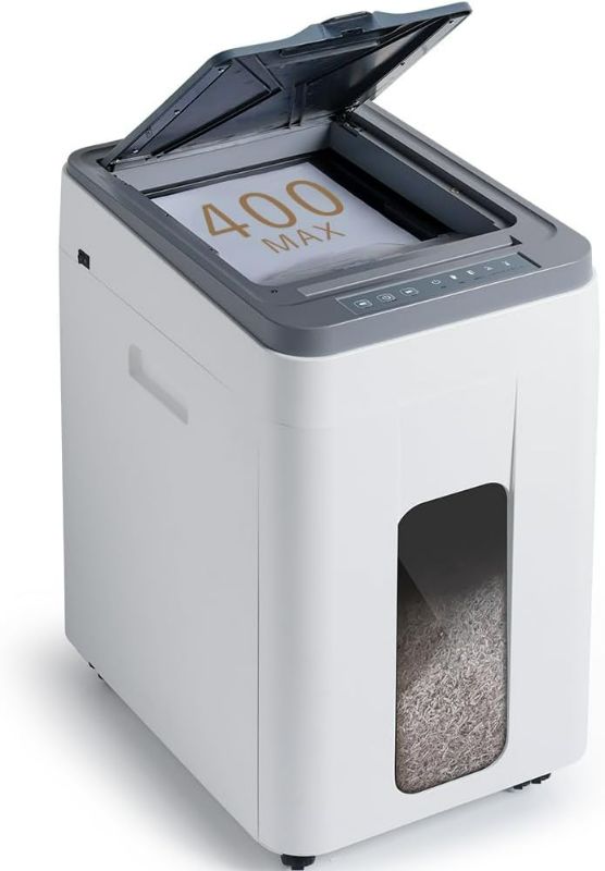 Photo 1 of Heavy Duty Paper Shredder: 400 Sheets Auto Feed - Micro Cut P5 Security - Jam Proof Document Shred Machine - 13.2 Gallon Pullout Basket with Wheels for Home/Office/Commercial Use