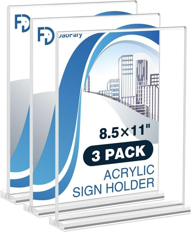 Photo 1 of 3 Pack Acrylic Sign Holder 8.5 x 11 Clear Display Table Signs Stand, Double Sided T Shape Flyer Holder Plastic for Picture Paper Frame Holder Home Office Menu Retail Show Fair, transparent