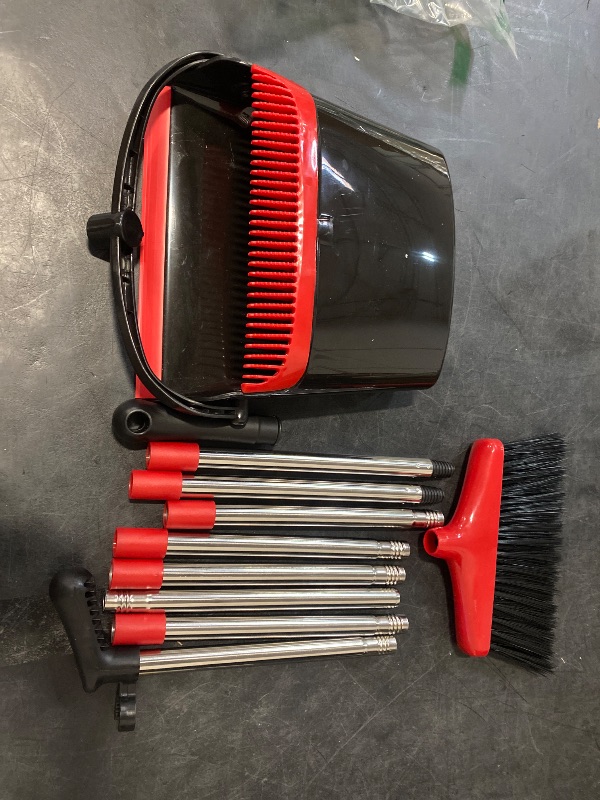 Photo 1 of Broom and Dustpan Set, Lightweight Upright Lobby Broom and Dustpan Combination with Long Handle for Indoor Outdoor Home Kitchen Room Office (Red and Black)